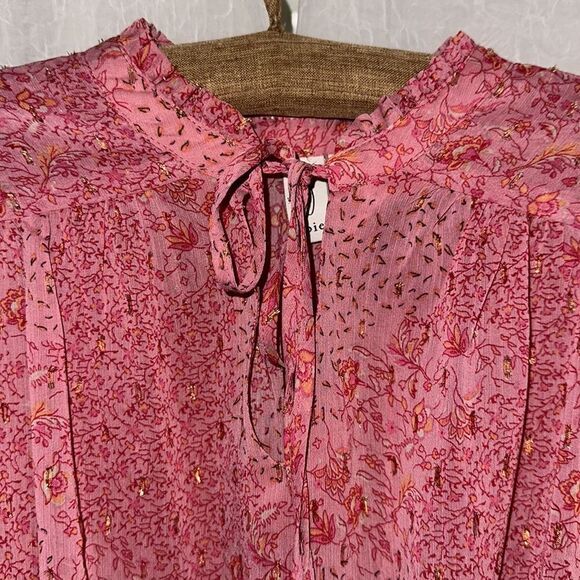 joie S Mock Neck Tie Front Long Balloon Sleeve Pink Gold Metallic Blouse - Picture 7 of 12